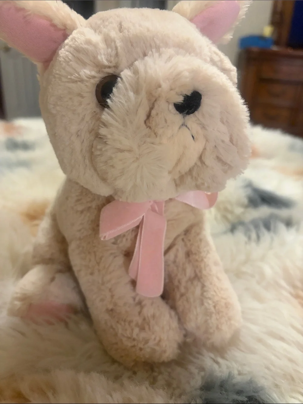 Plush Cream Small Pet Toy with Pink Ribbon